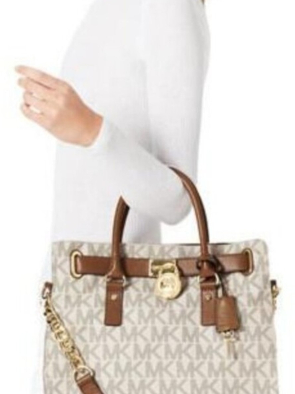 Michael Kors Vanilla MK Logo Tote with Brown Trim and Gold Hardware